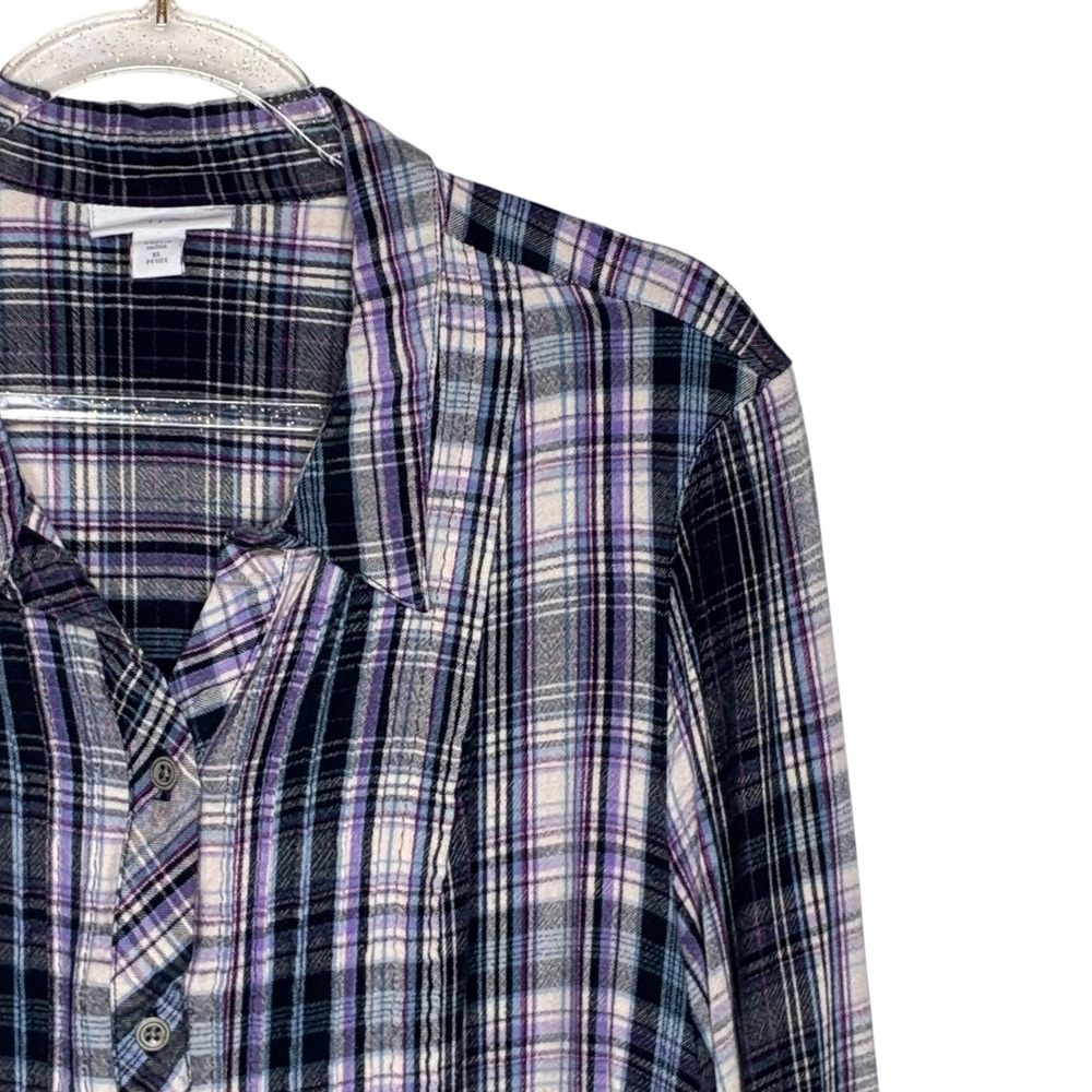 J Jill Womens XL Petite Plaid Top Blouse Button Front Blue Flannel Lumberjack - Picture 3 of 9